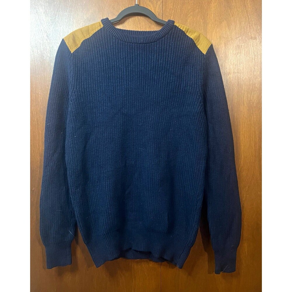 J Crew Mens Woodsman Pullover Sweater Commando Navy Crew Neck Shoulder Patch M